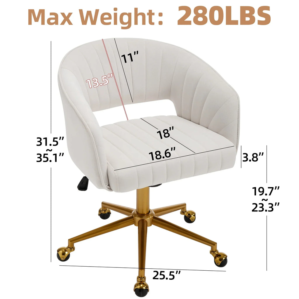 Nouveauté 2026 – Chaise de bureau Westice , chaise de travail en velours, chaise pivotante réglable en hauteur avec base dorée, idéale pour coiffeuse, bureau, salon ou salle informatique, beige
