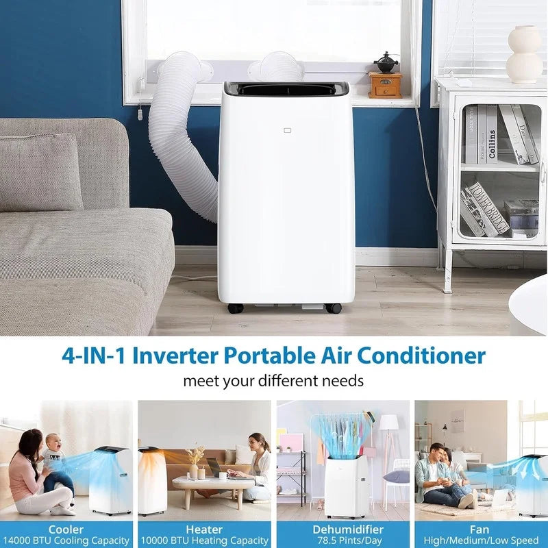 Nouveauté 2026 – Climatiseur portable , 14 000 BTU, idéal pour les pièces jusqu'à 70 m², avec chauffage, mode nuit, déshumidificateur, ventilateur, télécommande, minuterie 24 h, installation facile pour les chambres, finition noire
