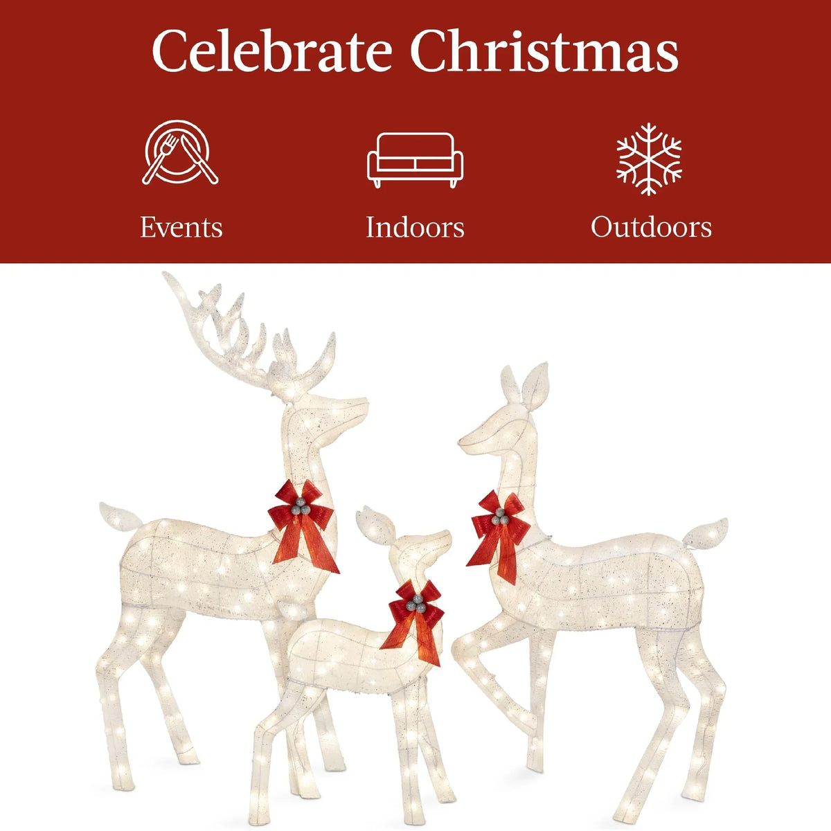 Nouveauté 2026 – Décoration de jardin extérieure Best Choice Products : cerfs lumineux de Noël en 3 pièces, 2 m (6,5 pi), avec 385 lumières DEL et piquets – Or