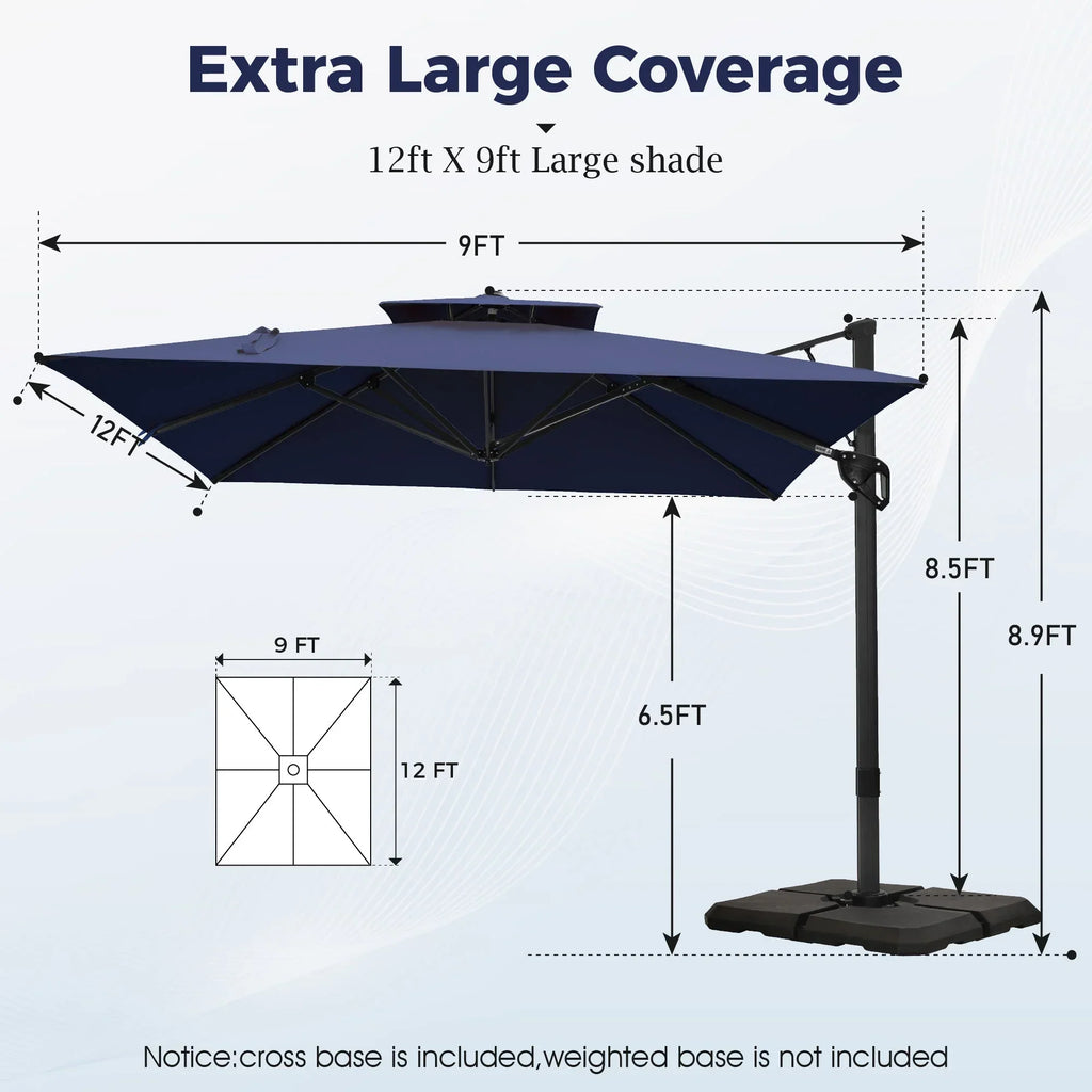 Nouveauté 2026 – Parasol d'extérieur Alpha Joy 12x9pi (3,66 x 2,74 m), grand modèle rectangulaire déporté à double structure, rotation à 360°, beige