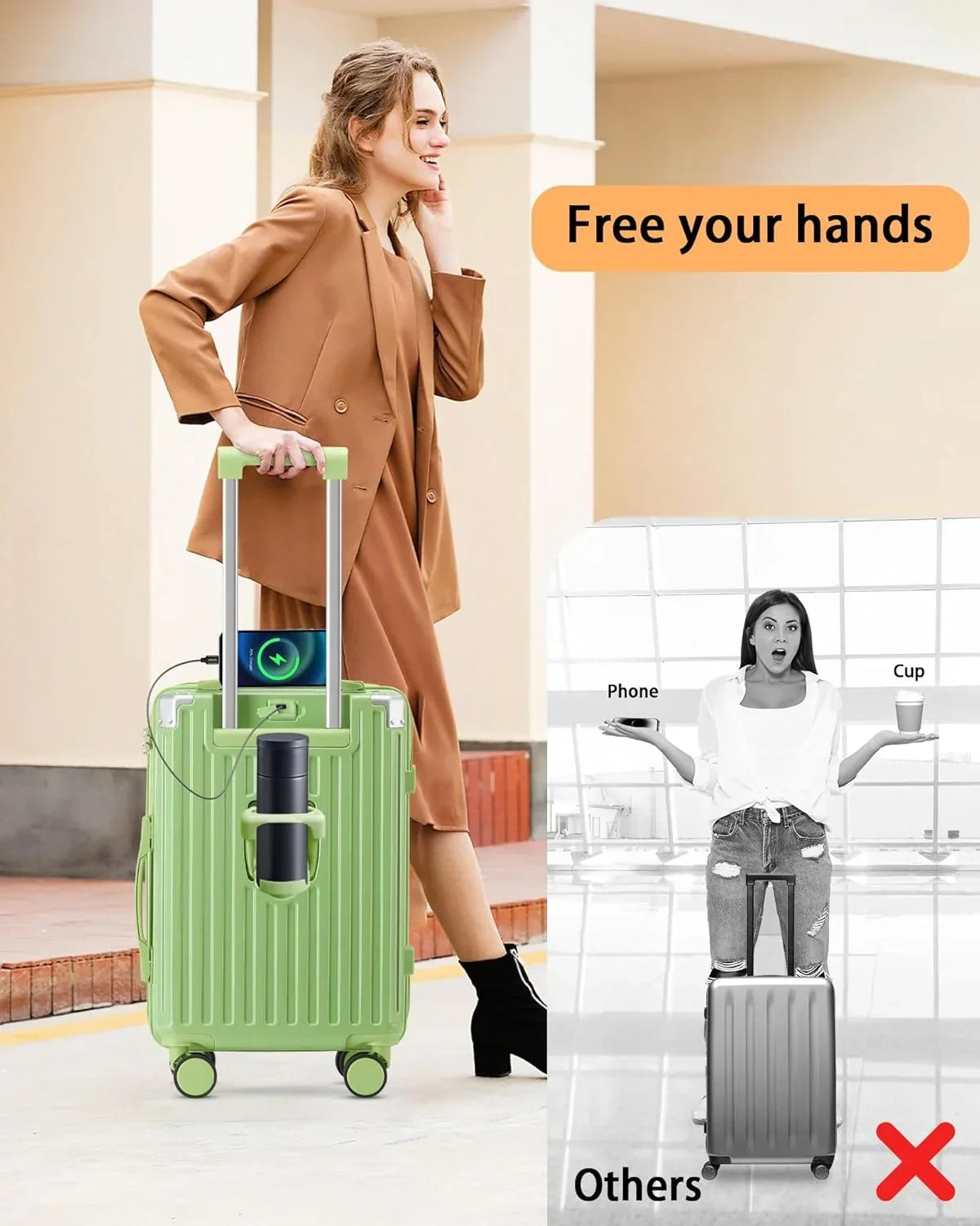 Nouveauté 2026 – Valise cabine 20 de 51 cm (20 pouces) avec porte-gobelet et port USB, approuvée par les compagnies aériennes et verrouillable TSA, légère, en polycarbonate, avec roulettes pivotantes à 360°