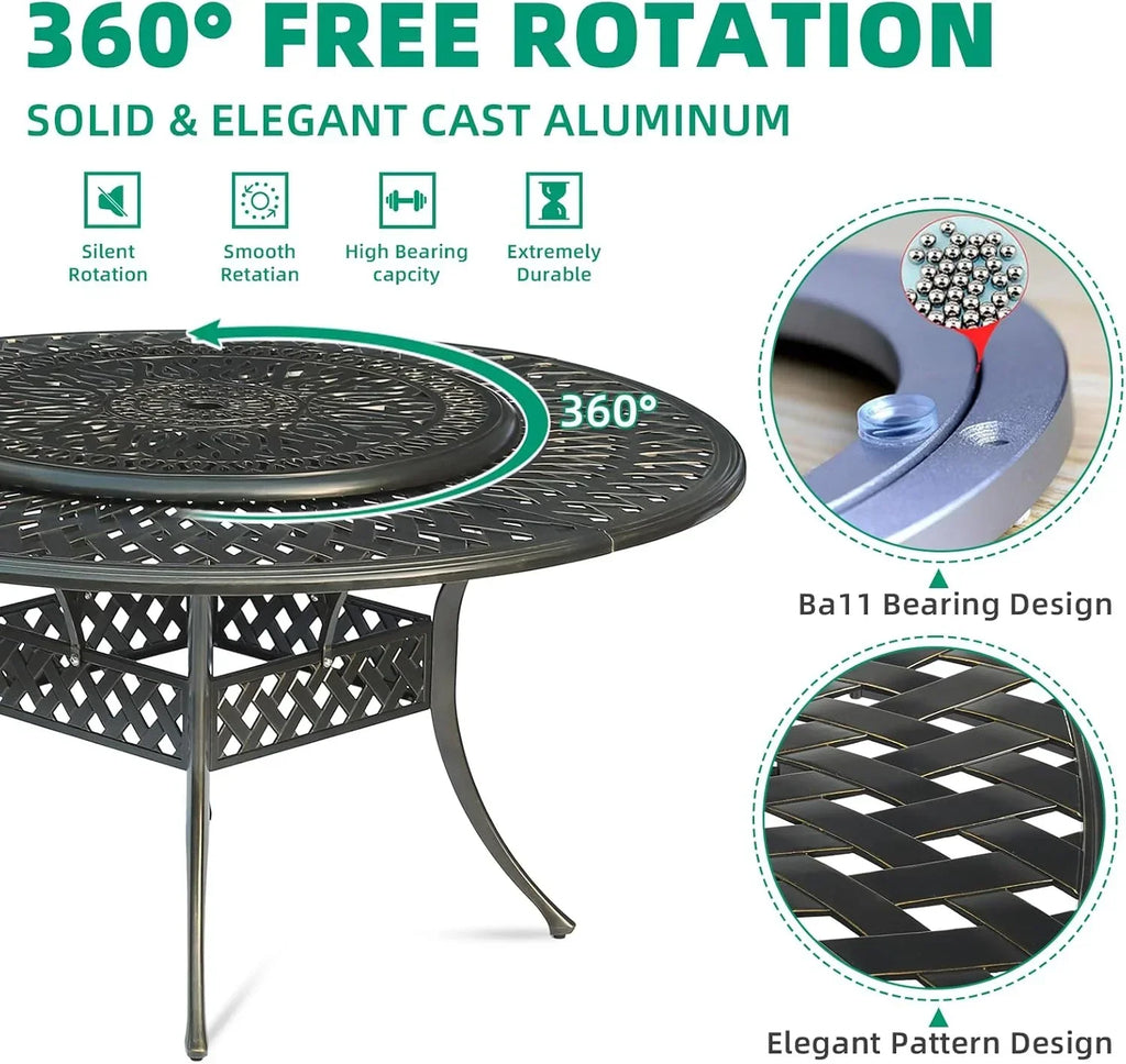 Nouveauté 2026 – Table de salle à manger d'extérieur VIVIJASON , 155 cm (61 po), pour 6 à 8 personnes, grande table ronde avec plateau tournant de 61 cm (24 po), en aluminium moulé bronze foncé au style rustique, avec trou pour parasol, idéale pour b