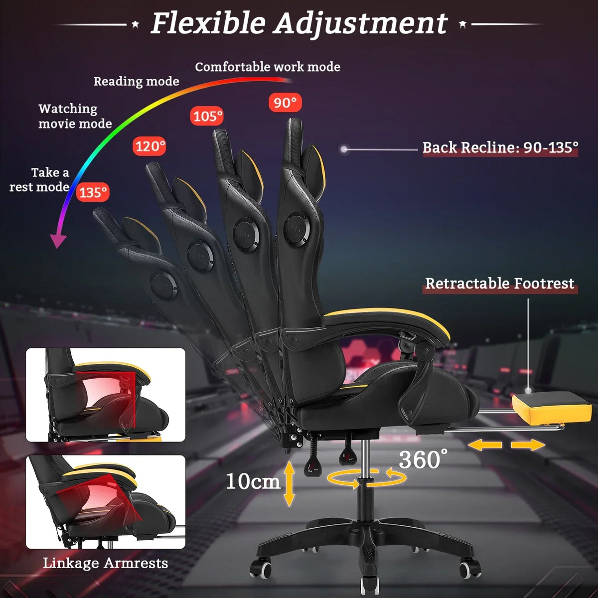 Nouveauté 2026 – Fauteuil de jeu Hoffree avec haut-parleurs intégrés, en cuir PU, repose-pieds et éclairage LED. Fauteuil ergonomique pour gamer avec massage, soutien lombaire et appui-tête pivotant et réglable. Idéal pour le télétravail et le bureau