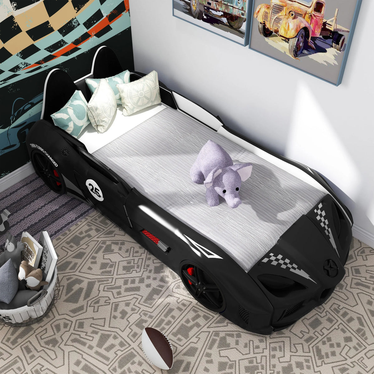 Nouveauté 2026 – Lit double en plastique pour enfants Dash Kids, motif voiture de course, avec LED et son, blanc, Furniture of America
