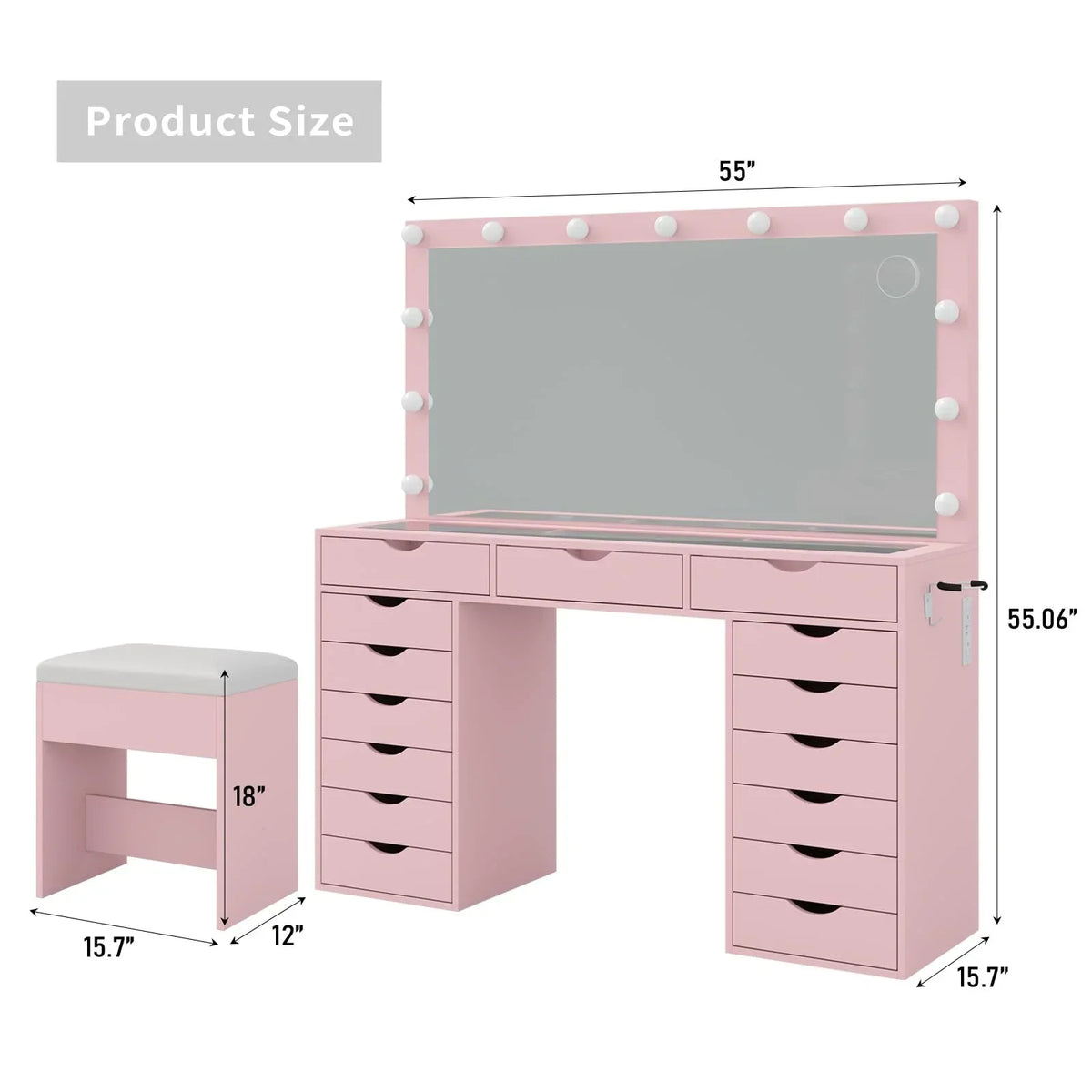 Nouveauté 2026 – Coiffeuse Yanosaku à 15 tiroirs avec prise électrique, miroir et 13 lumières LED, 3 modes d'éclairage de couleur, luminosité réglable, plateau en verre, ensemble coiffeuse pour chambre à coucher
