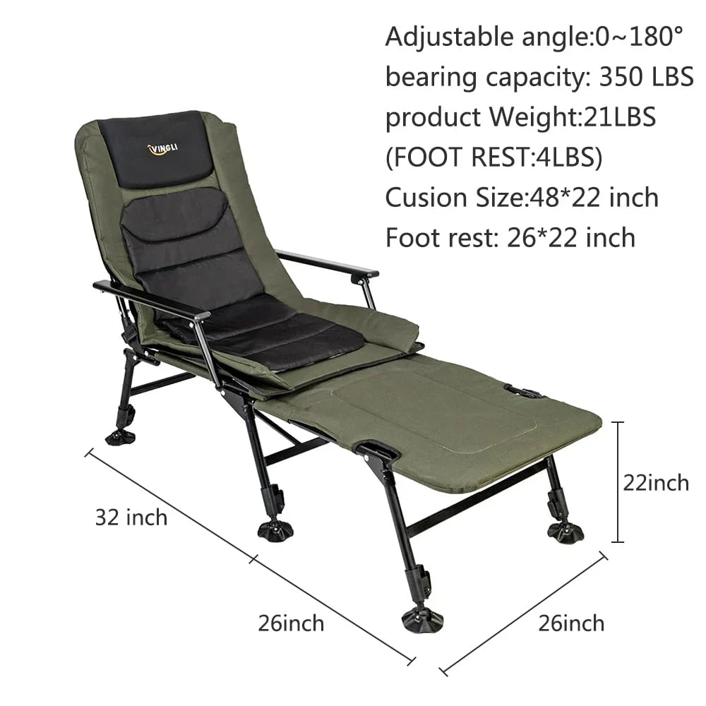 Nouveauté 2026 – Chaise de pêche surdimensionnée VINGLI avec repose-pieds, supporte jusqu'à 200 kg, dossier inclinable à 160°, noir et vert armée