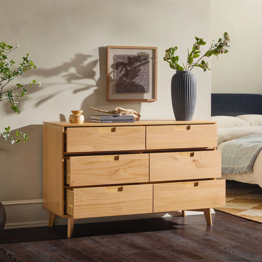 Nouveauté 2026 – Commode Walker Edison Sonoma 6 tiroirs en bois massif couleur caramel