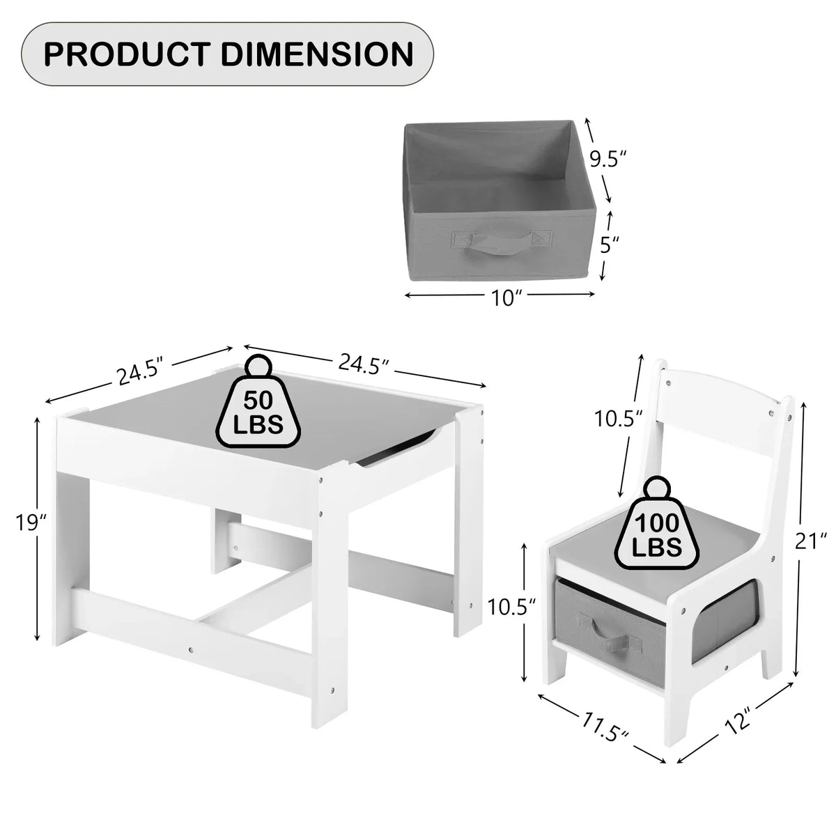 Nouveauté 2026 – Ensemble table et 2 chaises pour enfants LINLUX , table d'activités avec tableau noir/blanc, gris