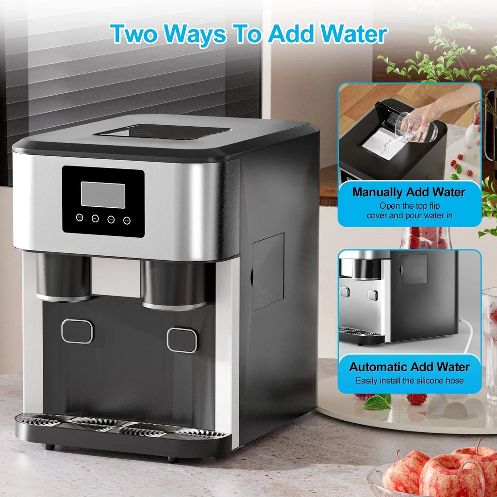 Nouveauté 2026 – Machine à glaçons TABU 3 en 1 avec distributeur d'eau, 18 kg/24 h, fonction glace pilée, autonettoyante, noire