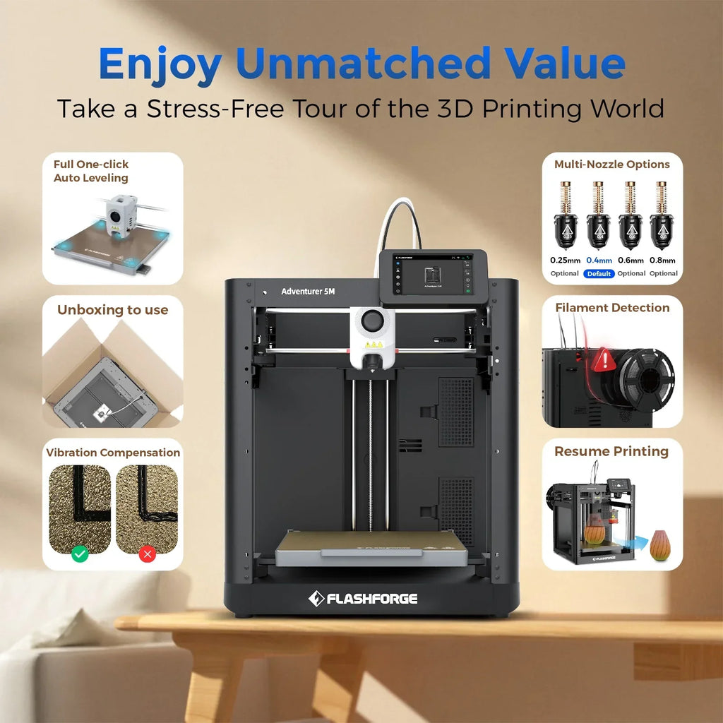 Nouveauté 2026 – Imprimante 3D Flashforge Adventurer 5M , nivellement automatique et impression haute vitesse (600 mm/s), noire