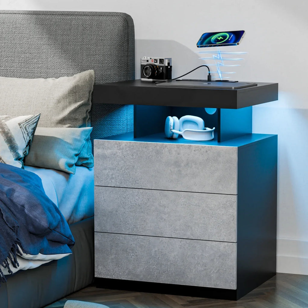 Nouveauté 2026 – Table de chevet LED Hommpa avec station de charge sans fil, ports USB Type-C, 3 tiroirs, finition laquée noire, style moderne et élégant, hauteur 68 cm (26,8 pouces). Idéale pour la chambre à coucher
