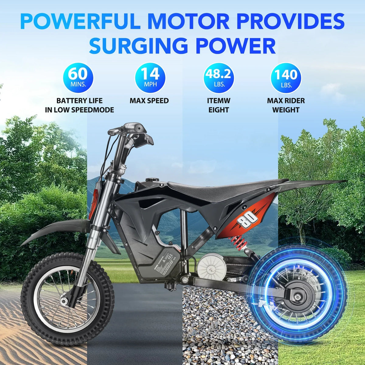 Nouveauté 2026 – Moto électrique tout-terrain pour enfants 36V, moto électrique rapide jusqu'à 25 km/h et 16 km d'autonomie, 3 modes de vitesse, poignée d'accélérateur, double suspension et freins pour enfants de 5 à 10 ans
