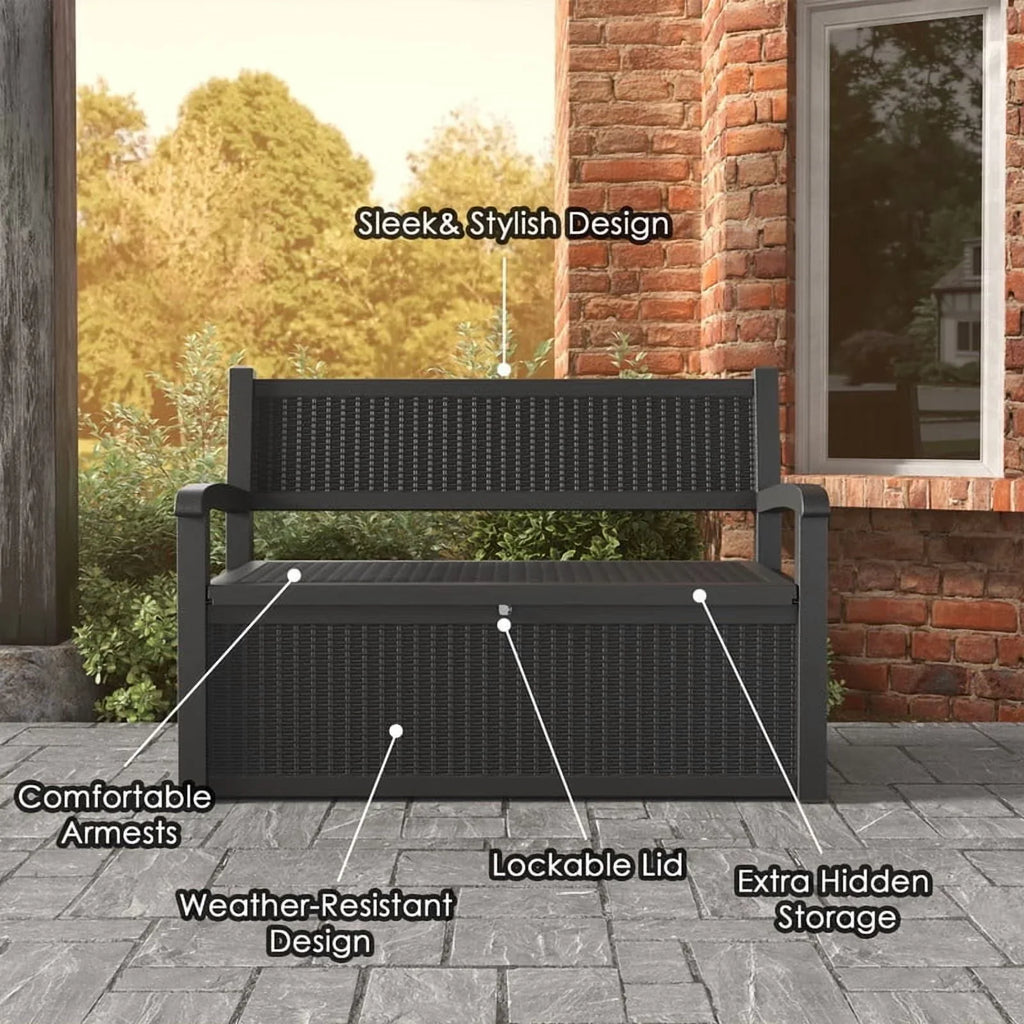 Nouveauté 2026 – Coffre de rangement Bifanuo de 70 gallons avec banc et accoudoirs, résistant à l'eau, idéal pour le mobilier de patio, les outils de jardin, le rangement de piscine et les coussins d'extérieur. Couleur : gris