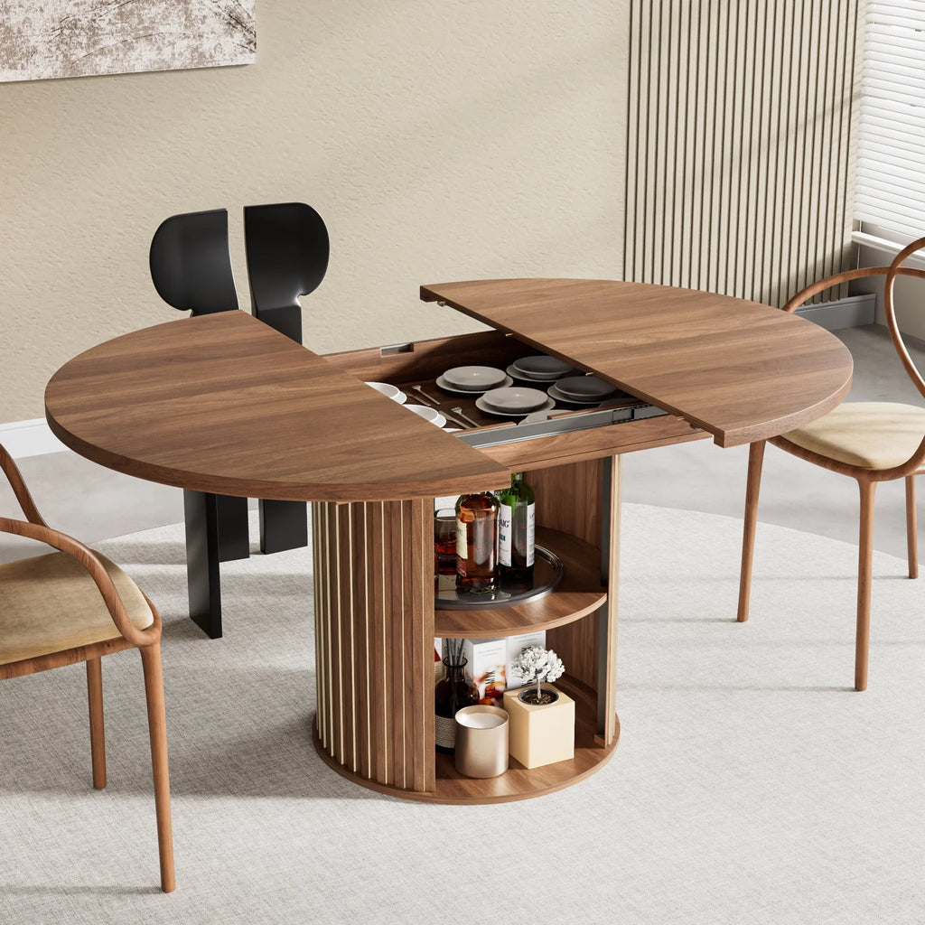 Nouveauté 2026 – Table de salle à manger extensible pour 4 à 6 personnes, table de cuisine ronde avec étagère de rangement, tables de salle à manger ovales pour salon (noyer