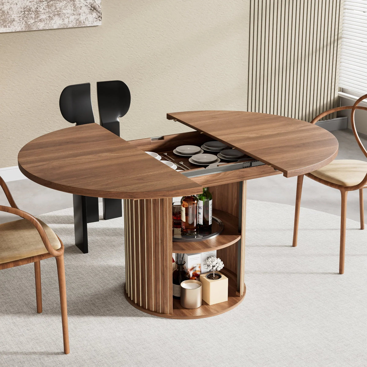 Nouveauté 2026 – Table de salle à manger extensible pour 4 à 6 personnes, table de cuisine ronde avec étagère de rangement, tables de salle à manger ovales pour salon (noyer