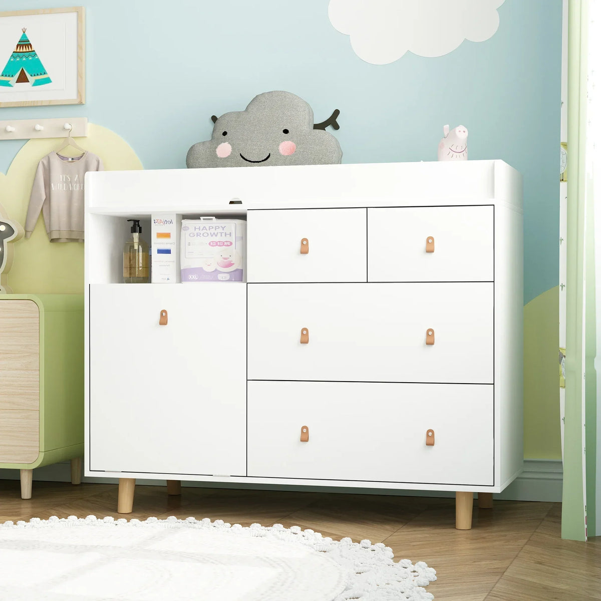 Nouveauté 2026 – Table à langer/commode pour chambre de bébé OXYLIFE , 114 cm (45 po), avec 4 tiroirs et une étagère, blanche