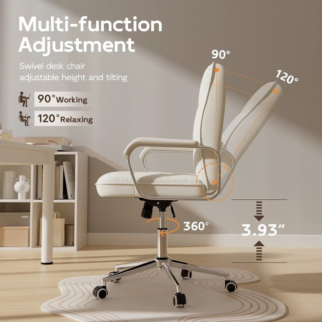 Nouveauté 2026 – Fauteuil de bureau Solfway blanc , fauteuil de bureau pivotant en cuir avec roulettes et accoudoirs rembourrés, fauteuil de direction pour adultes