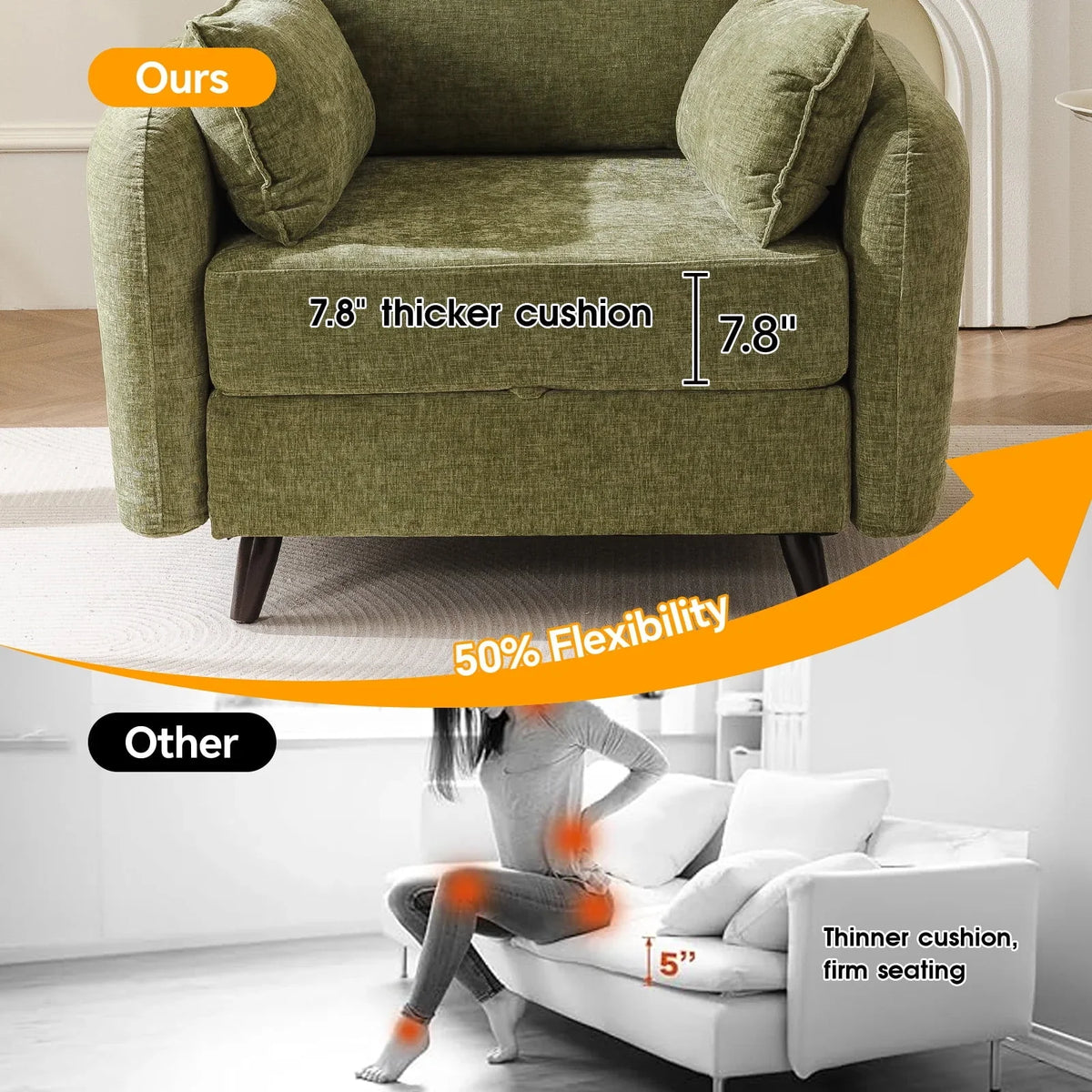 Nouveauté 2026 – Fauteuil d'appoint surdimensionné Rexulqo avec rangement intégré, confortable pour le salon, livré avec 2 coussins décoratifs, fauteuil rembourré style milieu du siècle, assise profonde de 62 cm, fauteuil de lecture pour chambre ou b