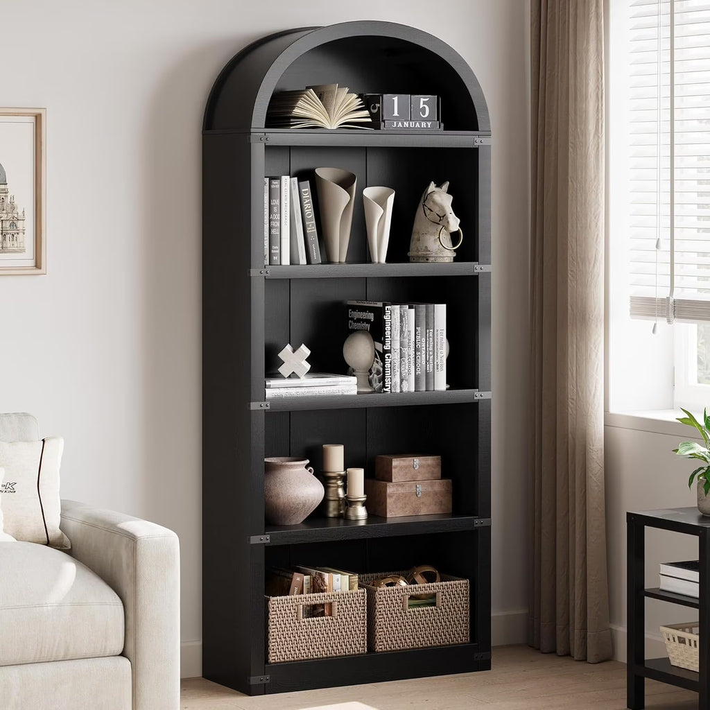 Nouveauté 2026 – Bibliothèque arquée à 5 étagères, 182 cm de haut, style ferme, étagère de rangement en bois pour la maison, le bureau ou le salon (blanche