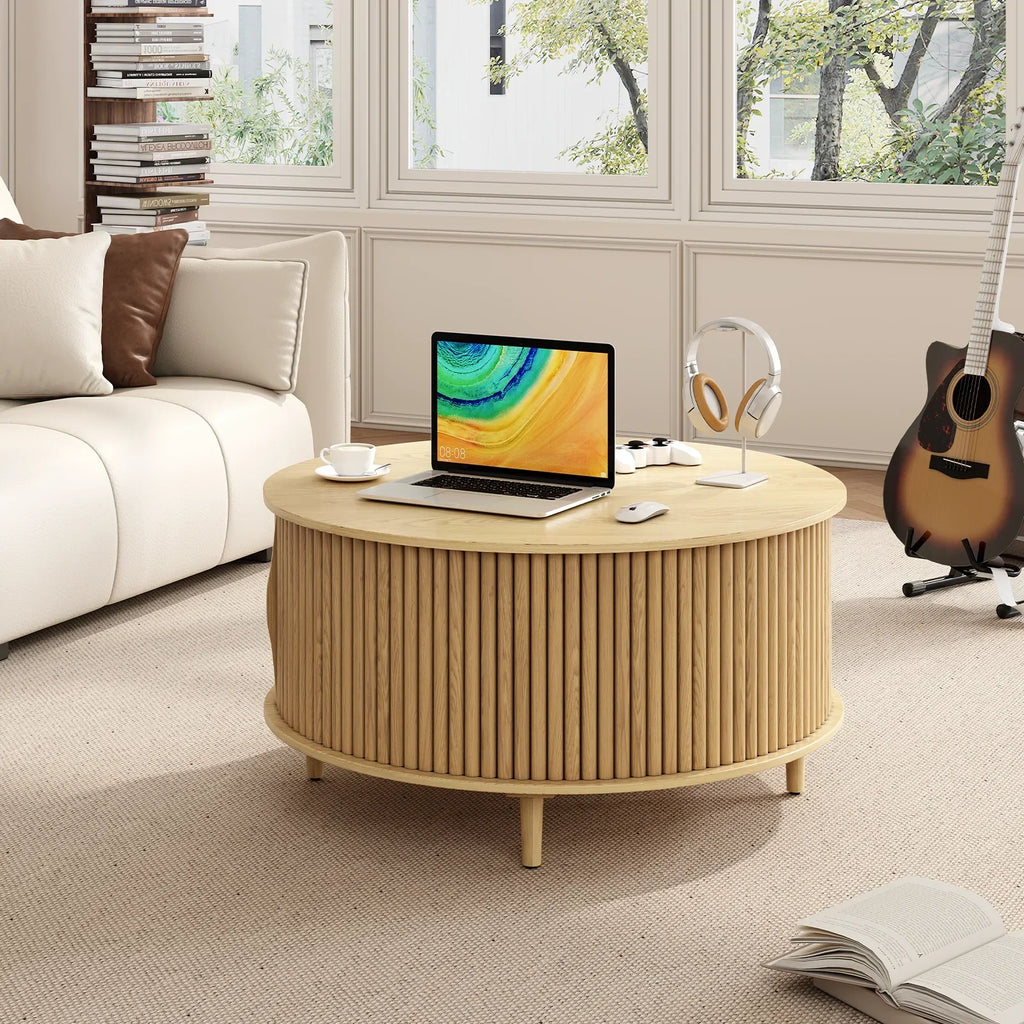 Nouveauté 2026 – Table basse ronde JOINICE avec rangement et porte coulissante, table centrale en bois de style moderne du milieu du siècle, pour salon, noyer