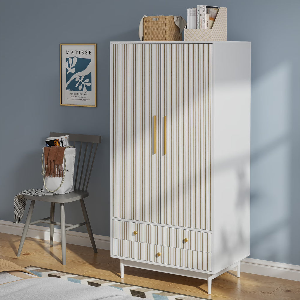 Nouveauté 2026 – Armoire-penderie Armoire , meuble de rangement avec tiroirs et penderie pour chambre à coucher, blanc