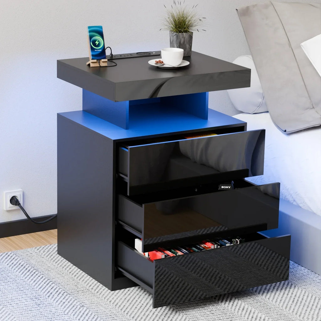 Nouveauté 2026 – Table de chevet LED Hommpa avec station de charge sans fil, ports USB Type-C, 3 tiroirs, finition laquée noire, style moderne et élégant, hauteur 68 cm (26,8 pouces). Idéale pour la chambre à coucher