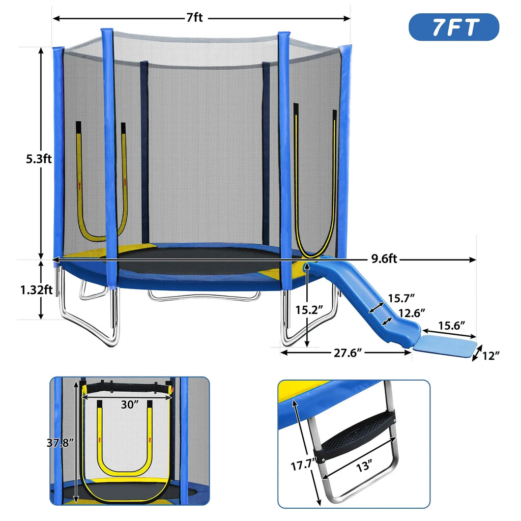 Nouveauté 2026 – Trampoline FT pour enfants, trampoline de loisirs d'extérieur avec filet de sécurité, bleu