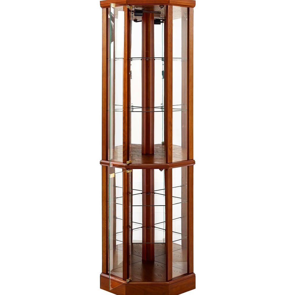 Nouveauté 2026 – Vitrine d'angle en noyer avec 6 étagères, fond en verre et miroir réglable, éclairage intégré