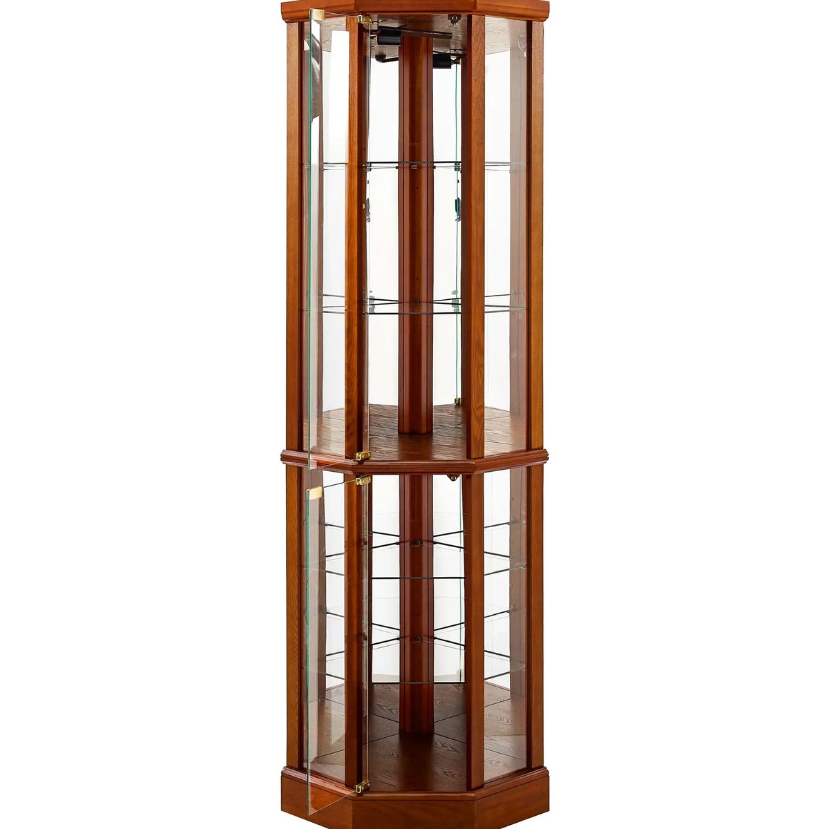 Nouveauté 2026 – Vitrine d'angle en noyer avec 6 étagères, fond en verre et miroir réglable, éclairage intégré
