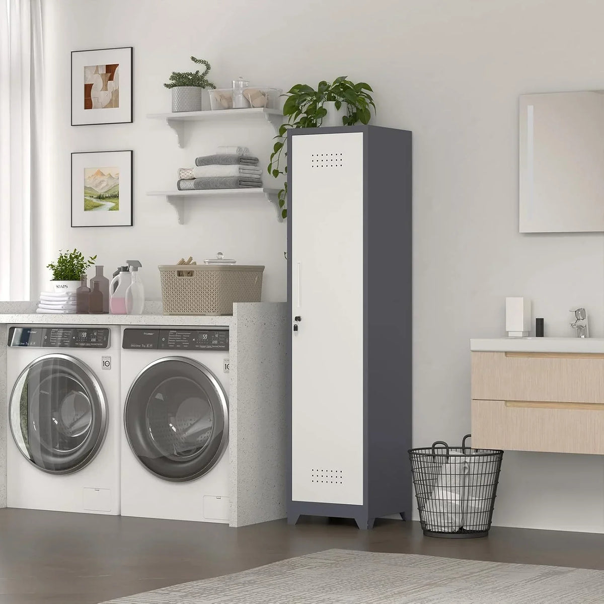 Nouveauté 2026 – Armoire à balais Marcree Slim , armoire métallique avec étagères et tringle de suspension, armoire de rangement utilitaire de 165 cm avec porte verrouillable, armoire de rangement haute pour produits de nettoyage, idéale pour la cuis