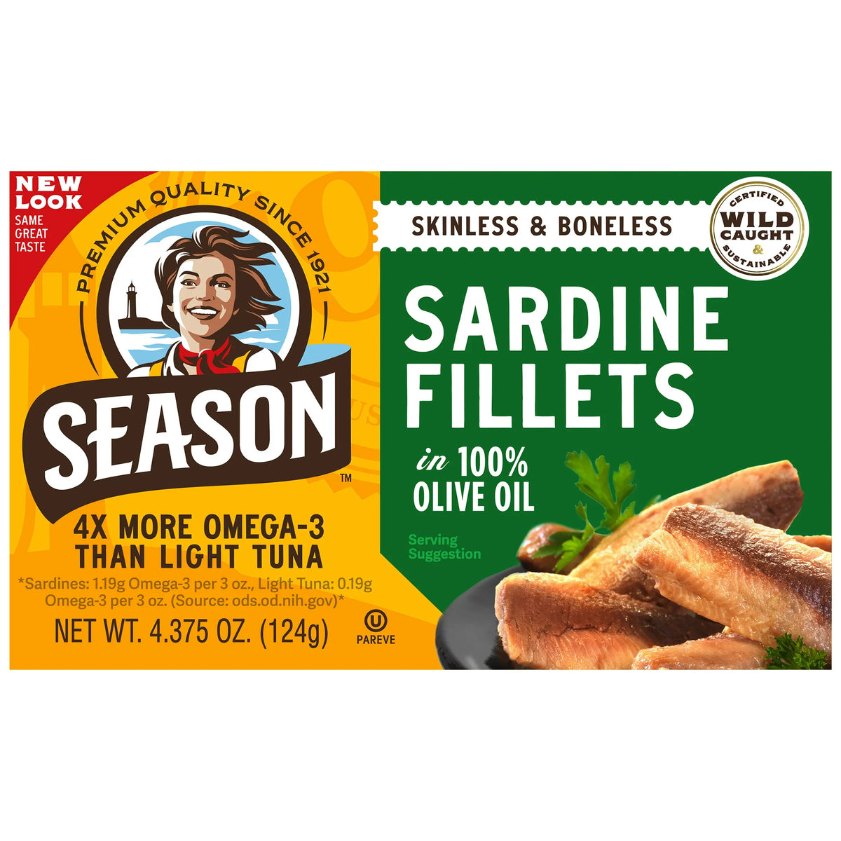 Nouveauté 2026 – Filets de sardines Season à l'huile d'olive 100 %, sauvages, sans peau ni arêtes, 124 g (4,375 oz), boîte de 6