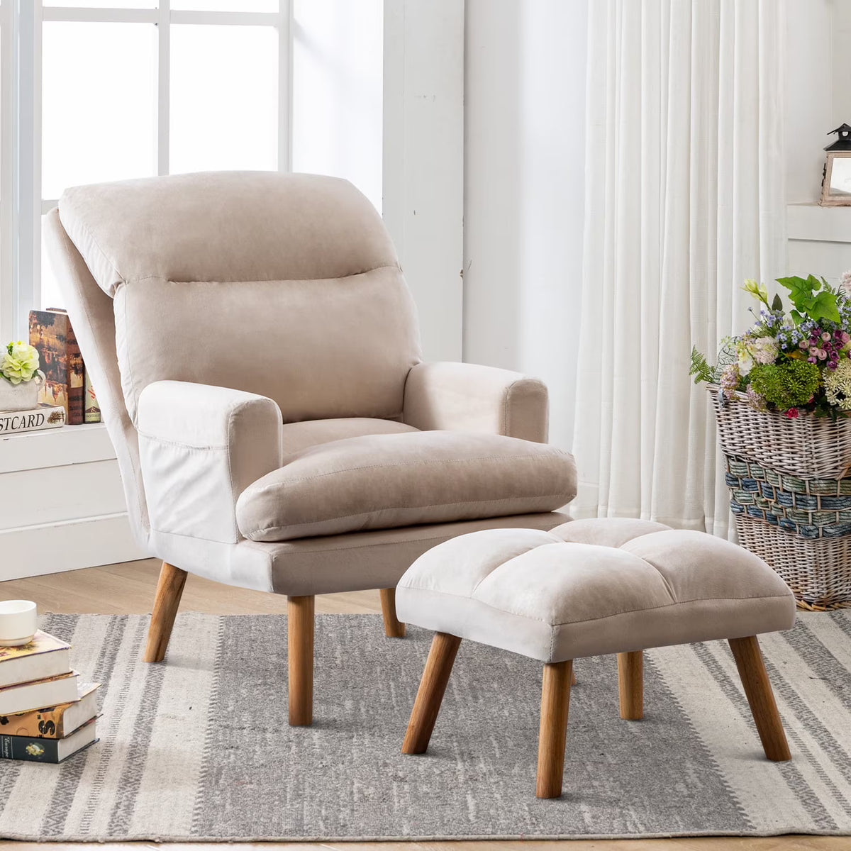 Nouveauté 2026 – Fauteuil d'appoint réglable Betier avec repose-pieds, fauteuil en velours pour chambre ou salon, fauteuil lounge confortable avec dossier rembourré et poche latérale, fauteuil de lecture moelleux, beige