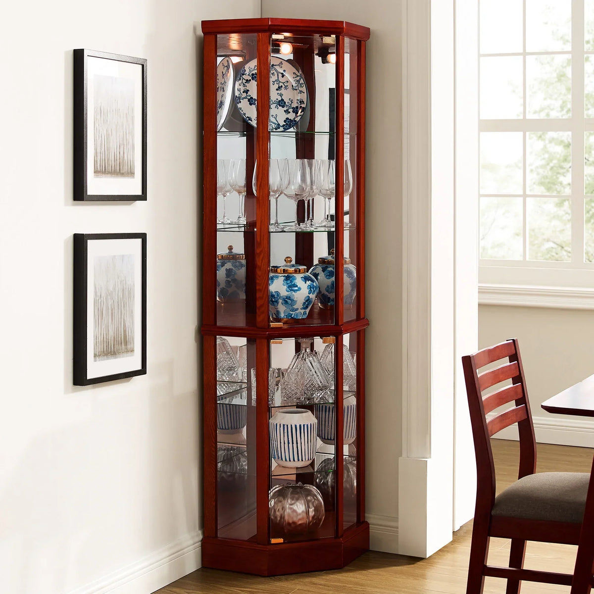 Nouveauté 2026 – Vitrine d'angle en noyer avec 6 étagères, fond en verre et miroir réglable, éclairage intégré