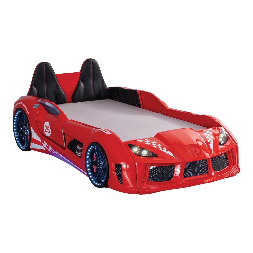 Nouveauté 2026 – Lit double en plastique pour enfants Dash Kids, motif voiture de course, avec LED et son, blanc, Furniture of America