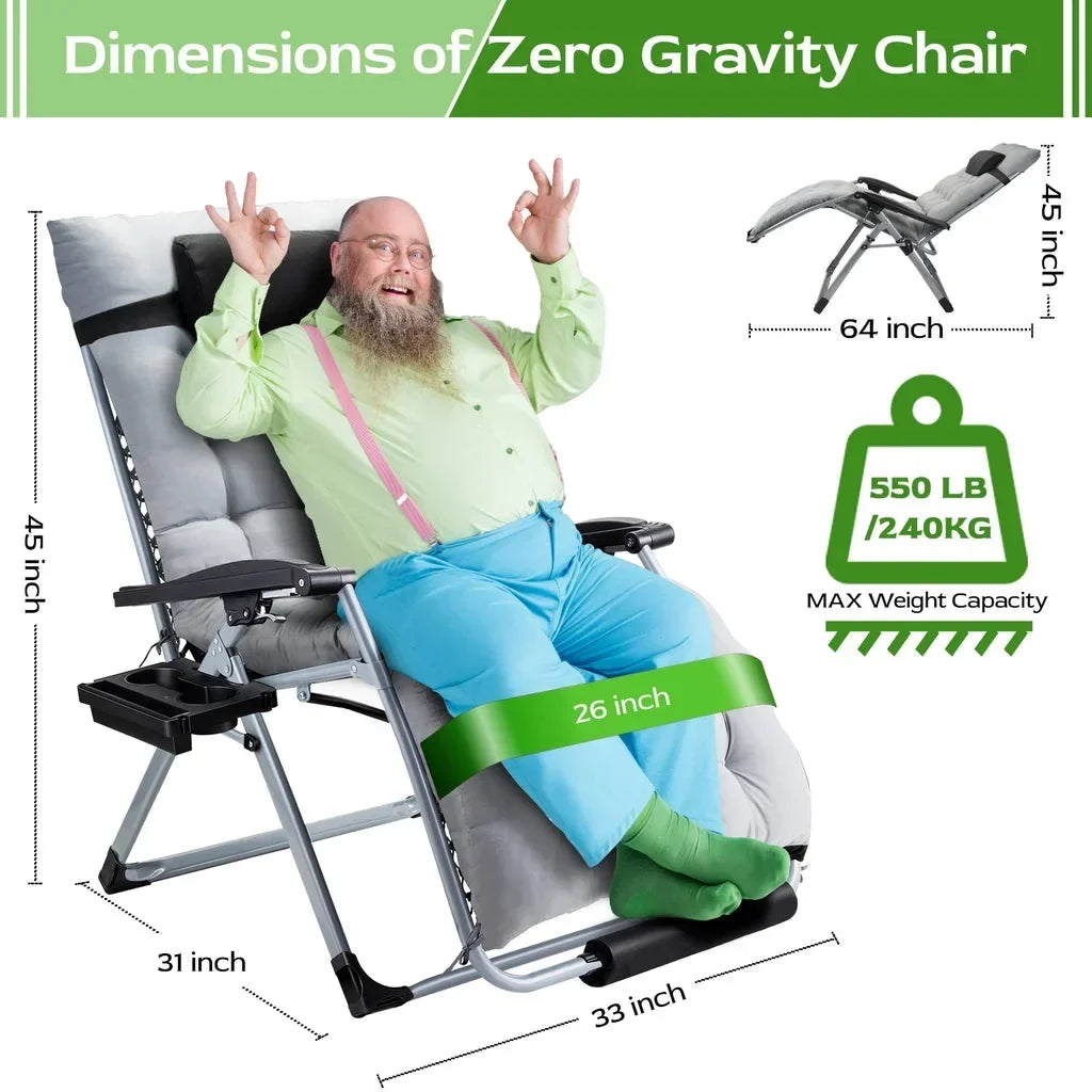 Nouveauté 2026 – Fauteuil zéro gravité surdimensionné VECUKTY XXL - Capacité de 227 kg, siège rembourré de 84 cm de large, fauteuil de voyage pliable pour une utilisation intérieure/extérieure - Terrasse, pelouse, noir, portable et robuste