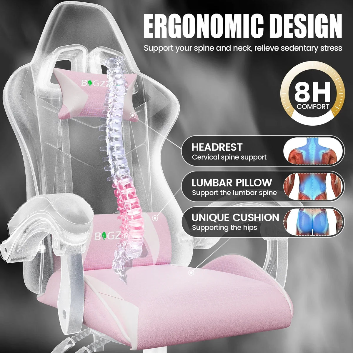 Nouveauté 2026 – Chaise de jeu Bigzzia , chaise de bureau ergonomique avec appui-tête et soutien lombaire réglables en hauteur, pour adultes et adolescents, noir et blanc