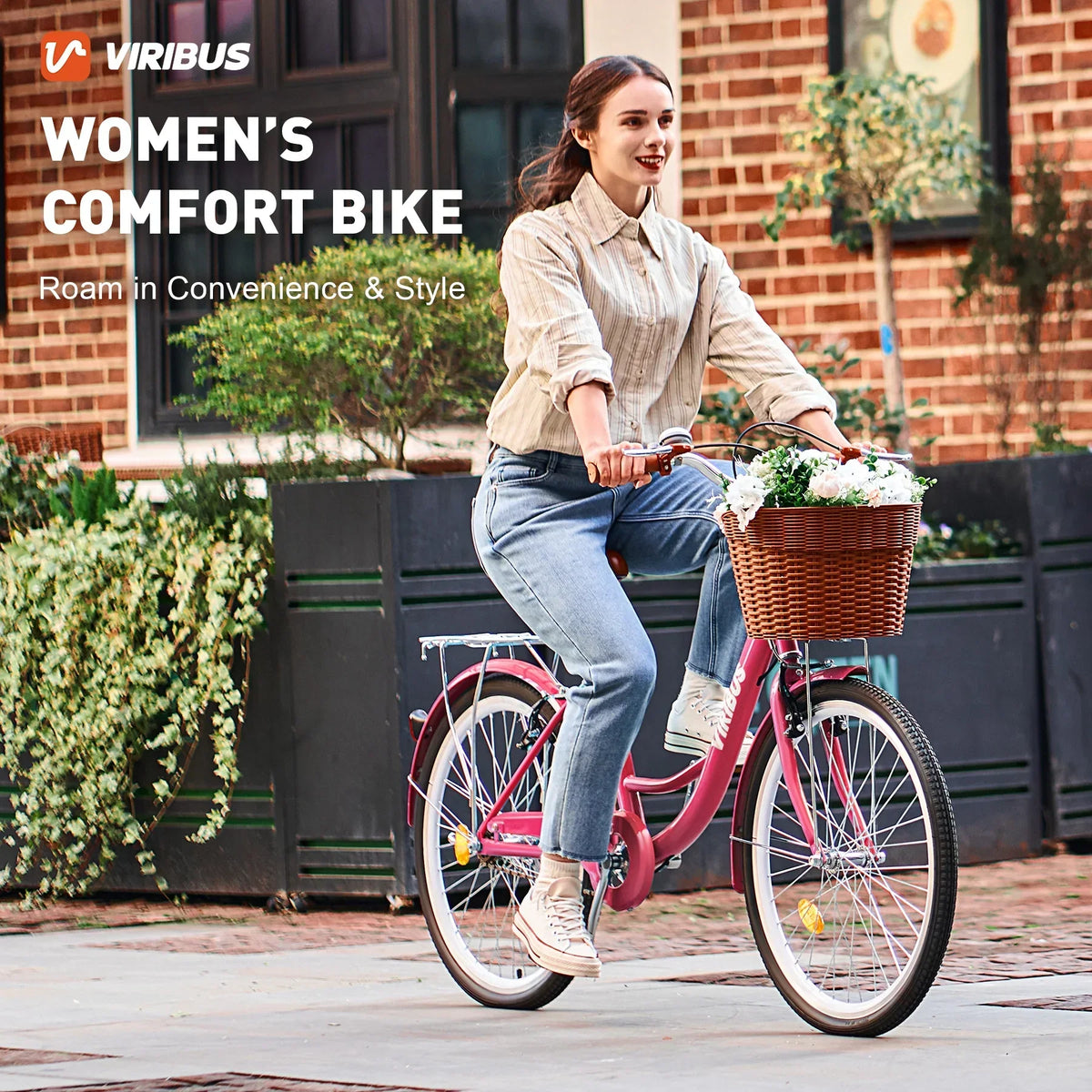 Nouveauté 2026 – Vélo confort femme Viribus , 24 pouces, style cruiser plage et ville, avec panier, blanc