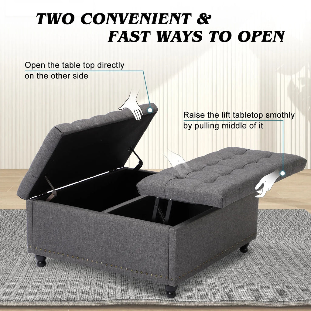 Nouveauté 2026 – Pouf de rangement carré Magic Union 35" , grand modèle, avec plateau relevable et revêtement capitonné, idéal pour le salon (beige