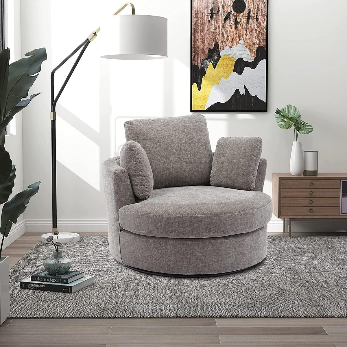 Nouveauté 2026 – Canapé deux places 42" W Small, fauteuil pivotant à 360° pour chambre à coucher, fauteuil d'appoint pivotant à 360° pour salon, fauteuil club en tissu chenille, méridienne pour salon/bureau/hôtel, gris
