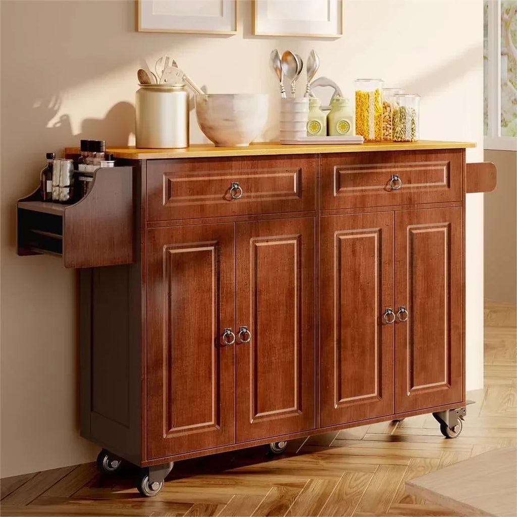 Nouveauté 2026 – Îlot de cuisine Lofka 52 pouces (132 cm) avec rangement sur roulettes et abattant en bois, idéal pour les petites cuisines