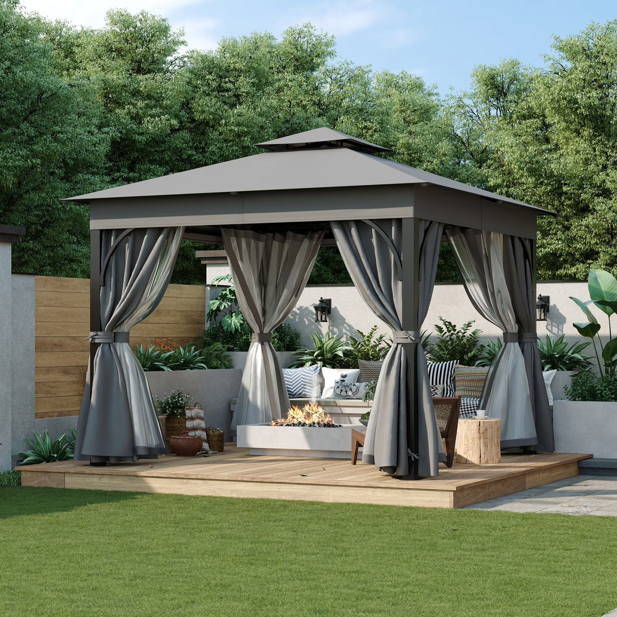 Nouveauté 2026 – Gazebo d'extérieur 10'x10', gazebo de patio avec moustiquaire et écrans d'intimité pour cour arrière, jardin, pelouse et terrasse, gris
