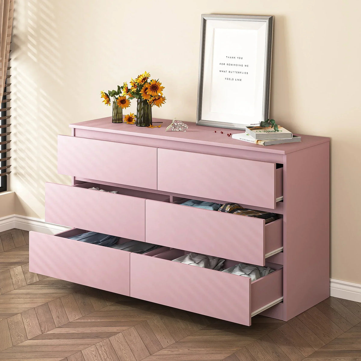 Nouveauté 2026 – Commode Resenkos moderne style milieu du siècle, 6 tiroirs, large, pour chambre à coucher, grise