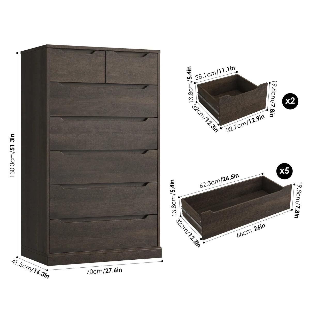 Nouveauté 2026 – Commode blanche Homfa 7 tiroirs, 130 cm de hauteur, meuble de rangement en bois avec base stable améliorée, commode verticale pour chambre ou salon