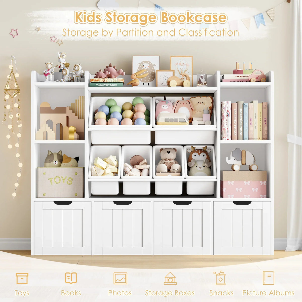 Nouveauté 2026 – Bibliothèque enfant Hiphuta à 3 niveaux avec rangement pour jouets, en bois, composée de 6 boîtes et 4 tiroirs amovibles, blanche