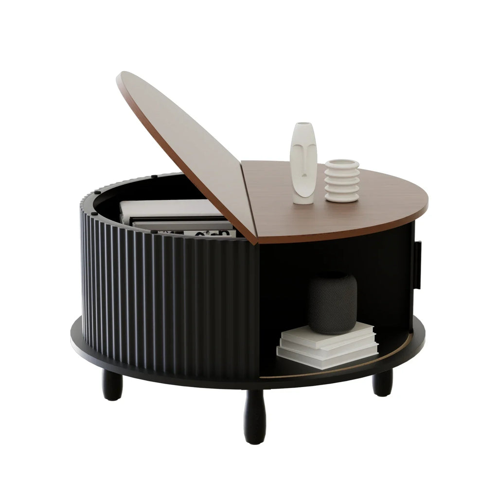 Nouveauté 2026 – Table basse ronde RUMLIVE avec rangement, table basse moderne de 78 cm avec porte coulissante incurvée à 360°, table basse en bois cannelé avec patins, table centrale ronde pour salon, noire