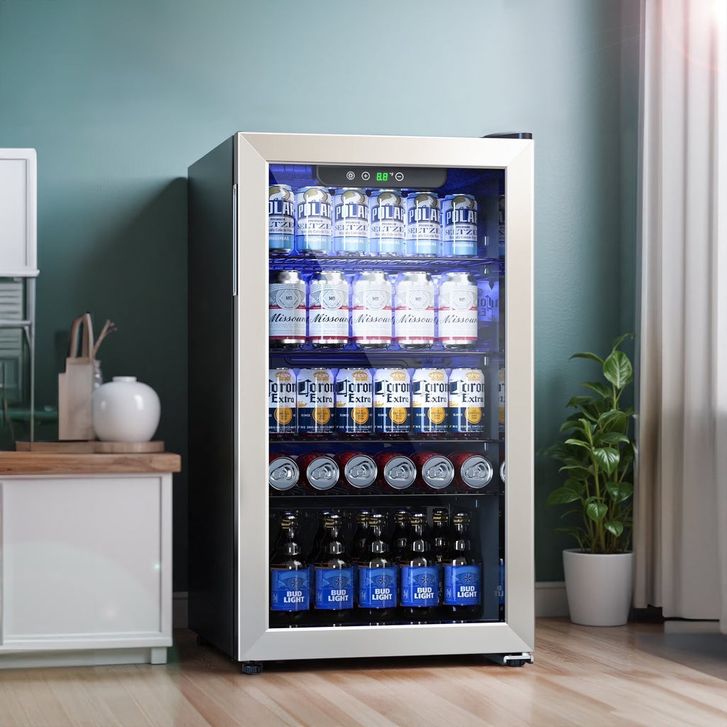 Nouveauté 2026 – Réfrigérateur à boissons Quunler 130 canettes avec porte vitrée, idéal pour la bière, les sodas et l'eau. Parfait pour un bar à domicile. Couleur : argent