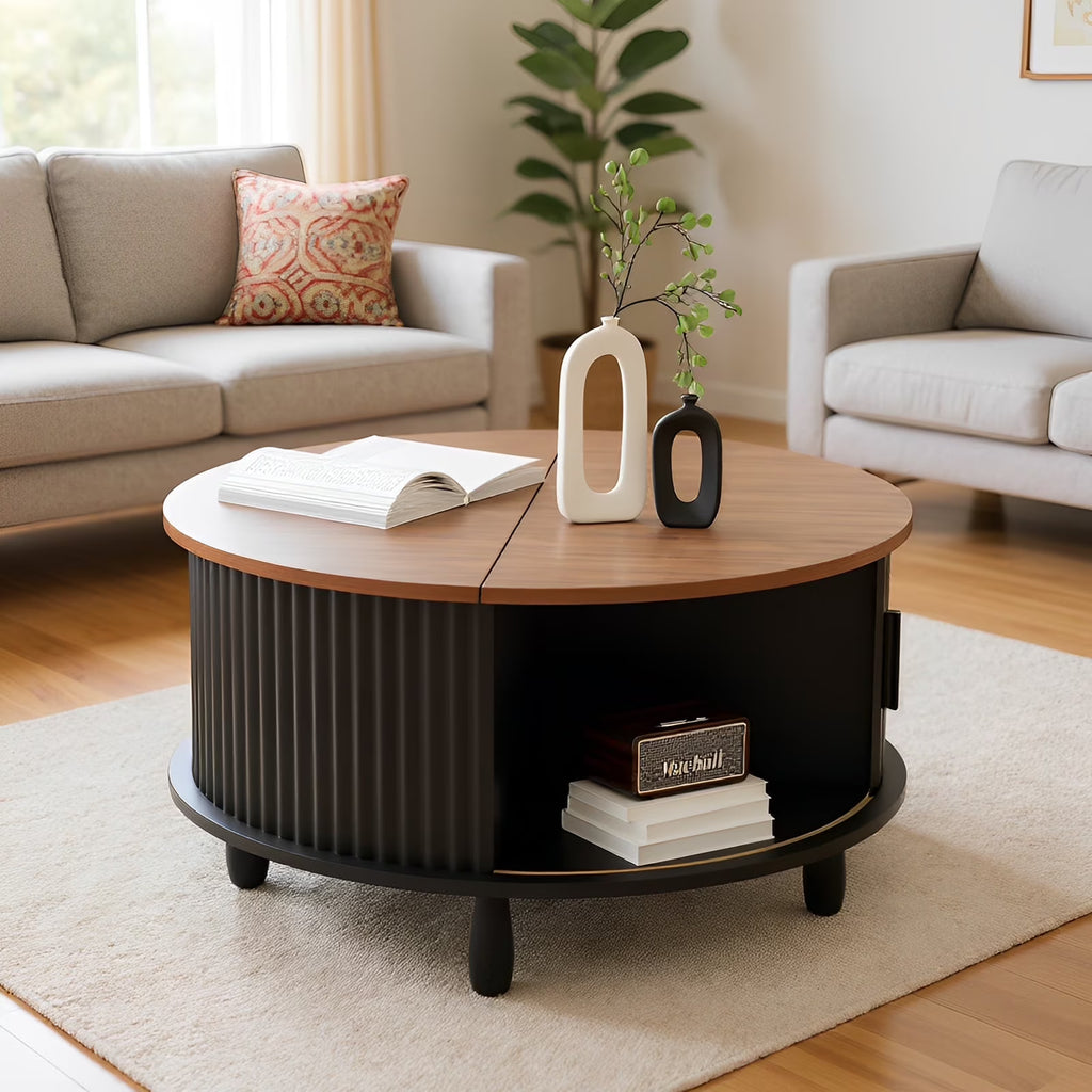 Nouveauté 2026 – Table basse ronde RUMLIVE avec rangement, table basse moderne de 78 cm avec porte coulissante incurvée à 360°, table basse en bois cannelé avec patins, table centrale ronde pour salon, noire