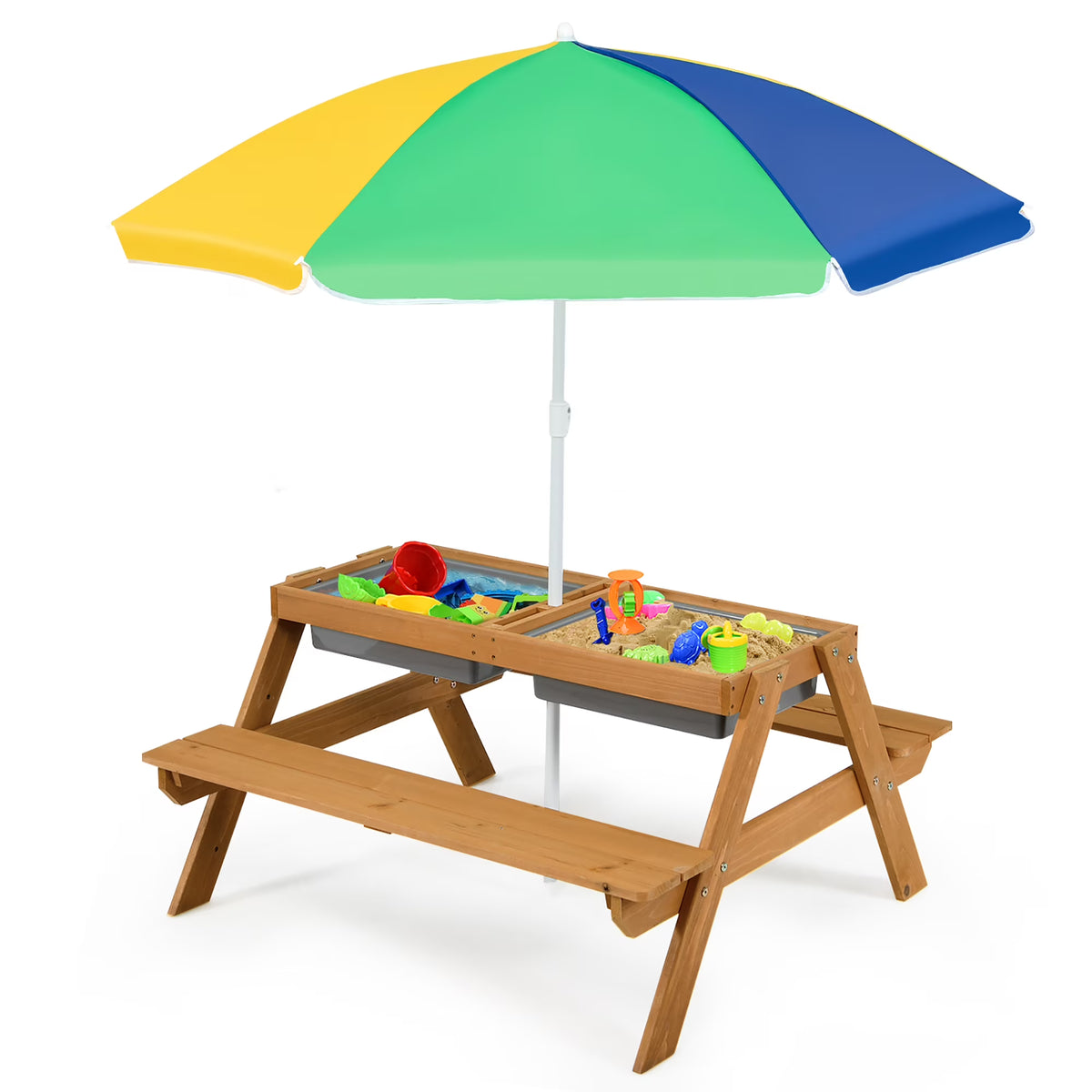 Nouveauté 2026 – Table de pique-nique 3 en 1 pour enfants Costway , en bois, avec bacs à sable et à eau, parasol et autres jeux, verte
