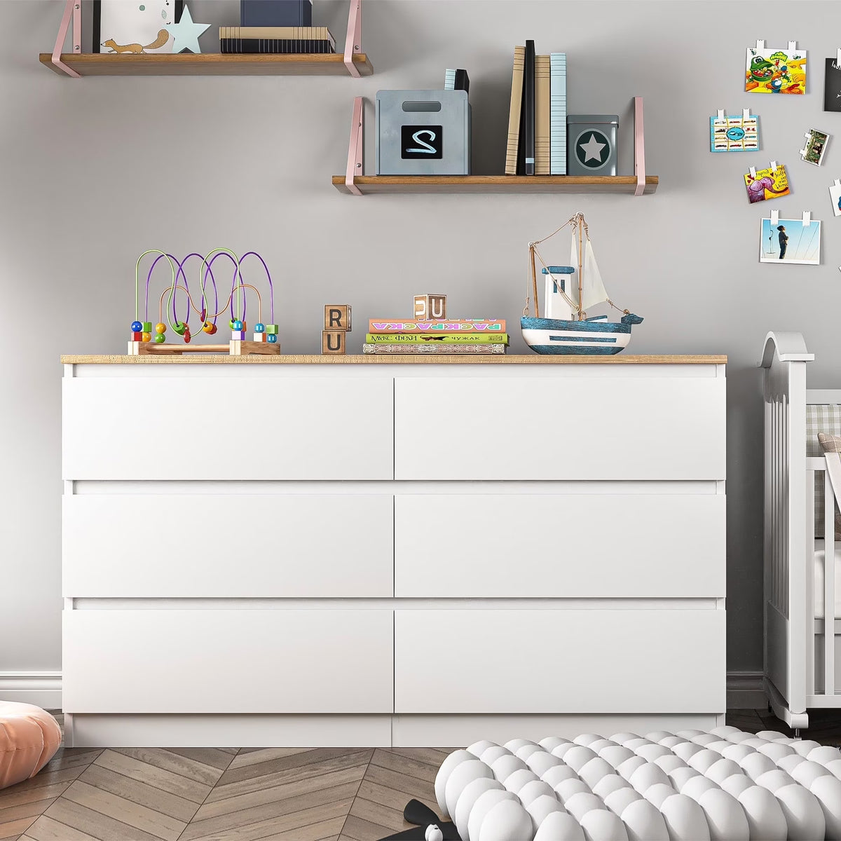 Nouveauté 2026 – Commode Resenkos moderne style milieu du siècle, 6 tiroirs, large, pour chambre à coucher, grise