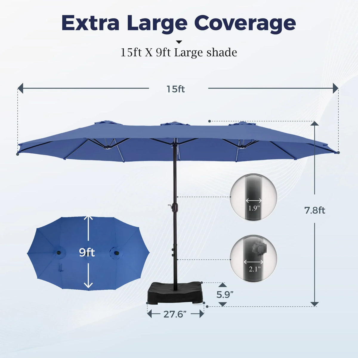 Nouveauté 2026 – Parasol de jardin extra-large Alpha Joy 4,57 m (15 pi) à double face avec manivelle et base - Gris fumé